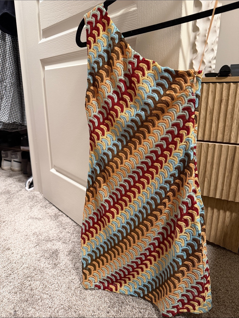 Edikted Multicolor Crochet-Inspired Mini Dress in Red, Blue, Brown, Cream